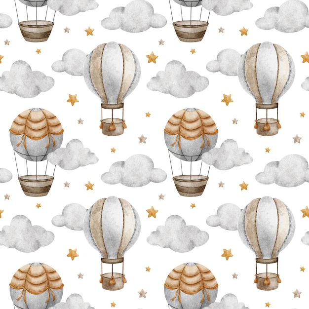 Hot Air Balloon with basket clouds and stars Watercolor seamless pattern Cute baby background