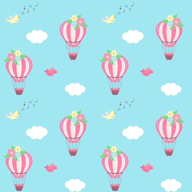 Hot air balloon with flowers clouds and cute birds seamless pattern vector illustration