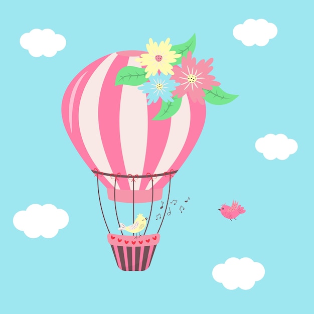 Hot air balloon with flowers in the sky cute birds are singing and flying vector illustration