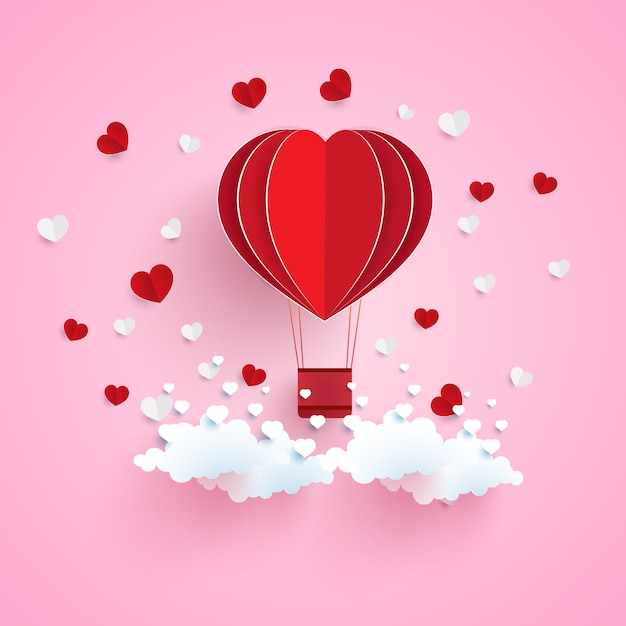 Hot air balloon with heart shape and paper art design