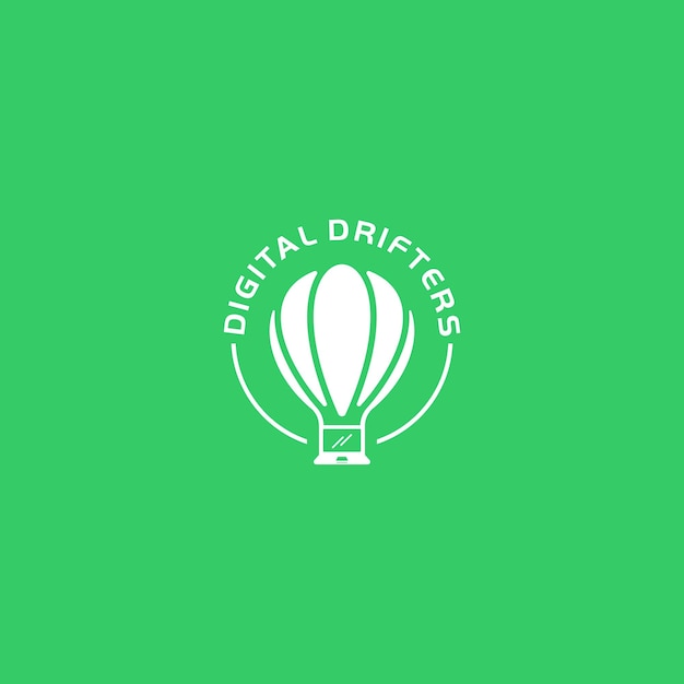 Vector hot air balloon with laptop for travel and work logo design