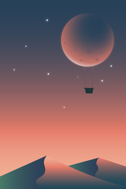 Hot air balloon with the moon like envelope. Surreal illustration