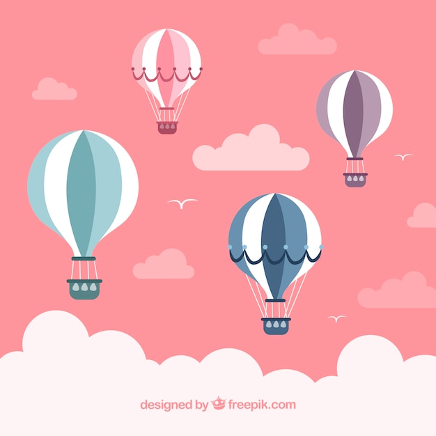 Vector hot air balloons background with sky in hand drawn style