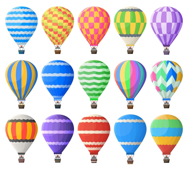 Vector hot air balloons, colorful flying vintage airships. air journey sky transport, hot airy sphere flying vehicle vector illustration set. retro hot air balloon