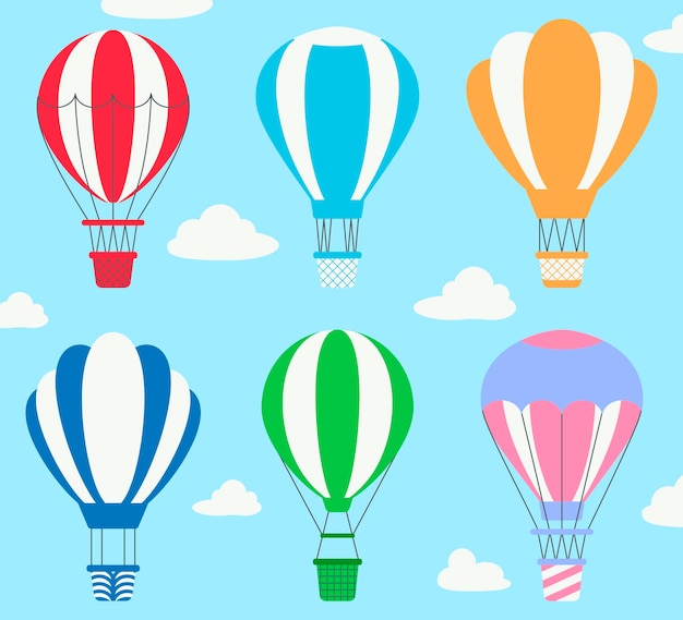 Воздушные шары, летящие в небе, плоские векторные иллюстрации. симпатичные красочные воздушные шары, транспорт для туристов, изолированные на синем фоне с облаками. транспорт, туризм, концепция путешествия
