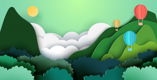 hot air balloons on mountains and forest nature landscape background.