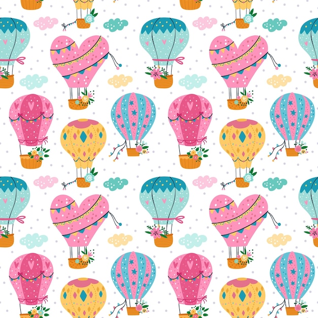 Hot air balloons seamless pattern Cute sky flying vehicles Different shapes baskets with garlands or flowers Aerial transport Airship and clouds Ballooning voyage Vector background