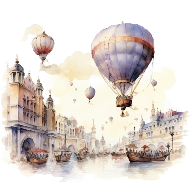 Hot air balloons in the sky over the city Watercolor illustration