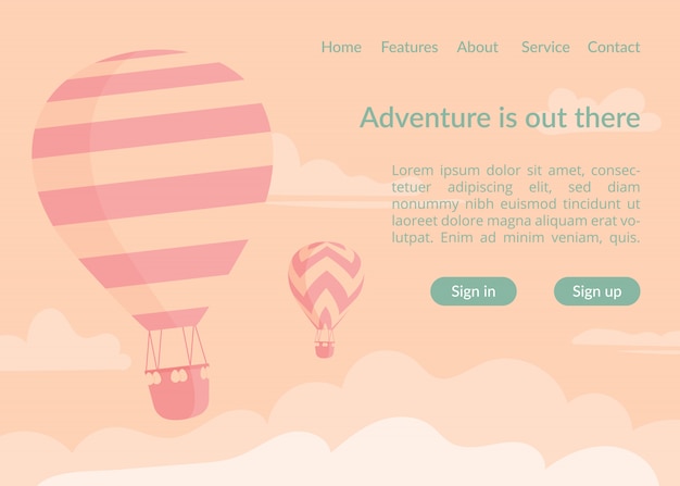 熱気球のウェブサイトのランディングページ