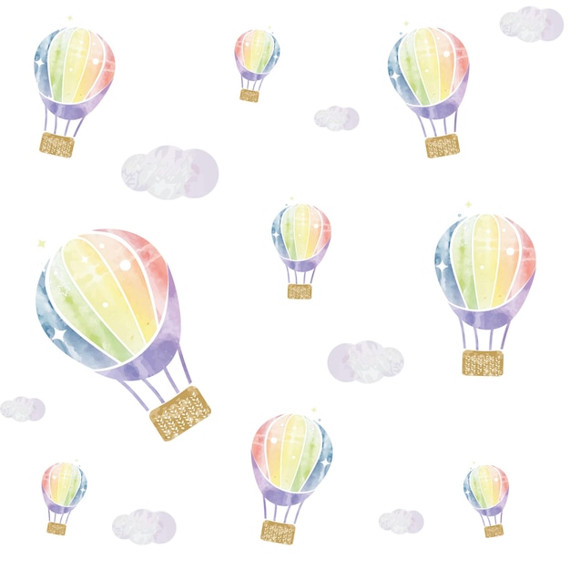 Hot air balloons with clouds watercolor seamless pattern