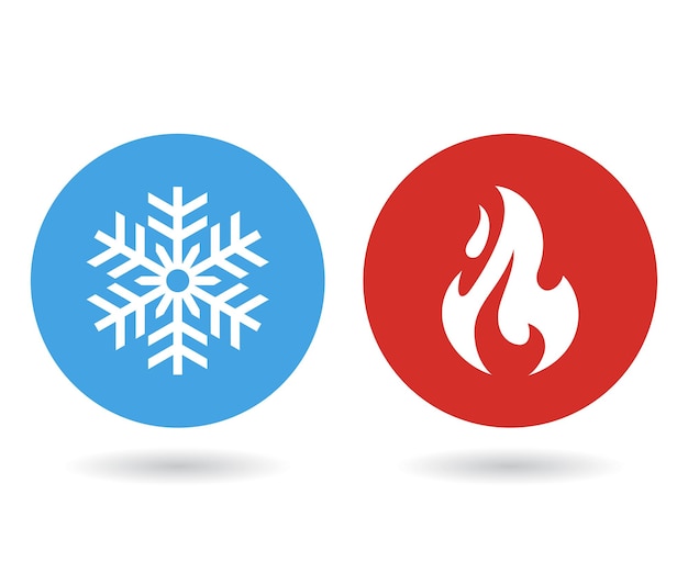벡터 뜨겁고 차가운 벡터 아이콘 또는 화재 및 얼음 기호 또는 눈송이 및 타는 불꽃 아이콘