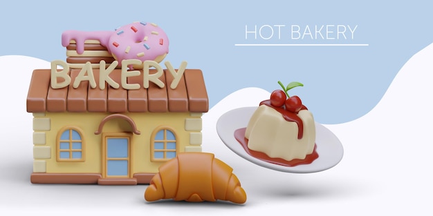 Vector hot bakery concept van verse gebakken goederen croissant donut stuk cake panna cotta met kersen