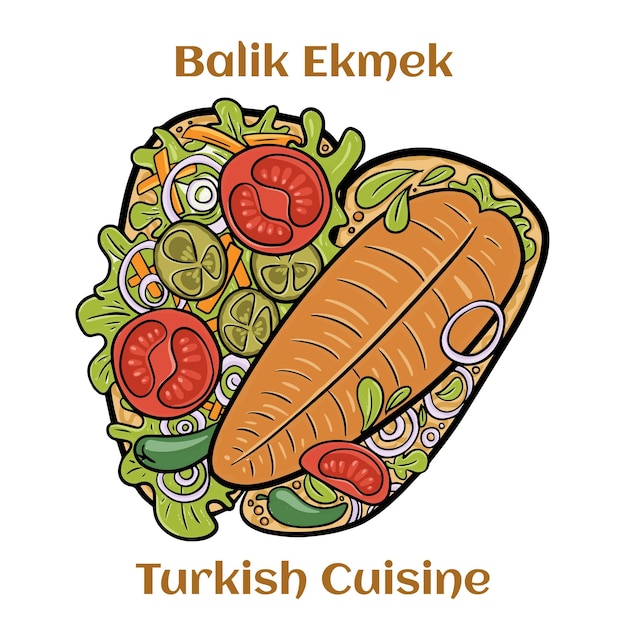 구운 고등어를 곁들인 핫 발릭 에크멕 생선 샌드위치 전통 길거리 음식 터키 요리 만화 그림