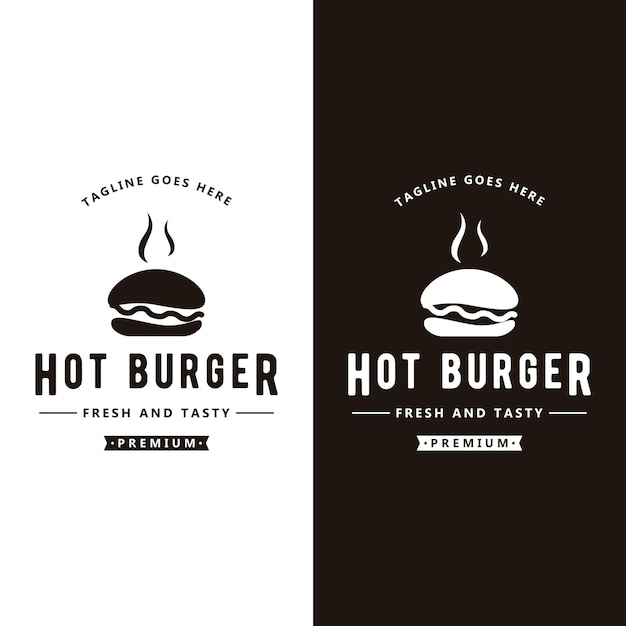 Logo hot burger fresco e gustoso vintage retròlogo per distintivo ed emblema dell'etichetta aziendale del ristorante