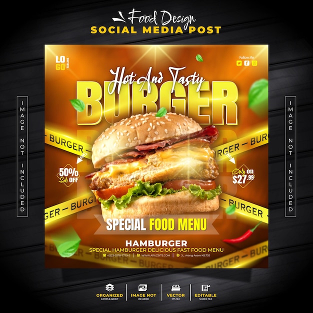 Hot Burger menu Social Media Post Flyer en Banner instagram Feed