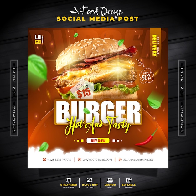 Hot Burger Social Media Post Flyer en Banner instagram feed voor promotie