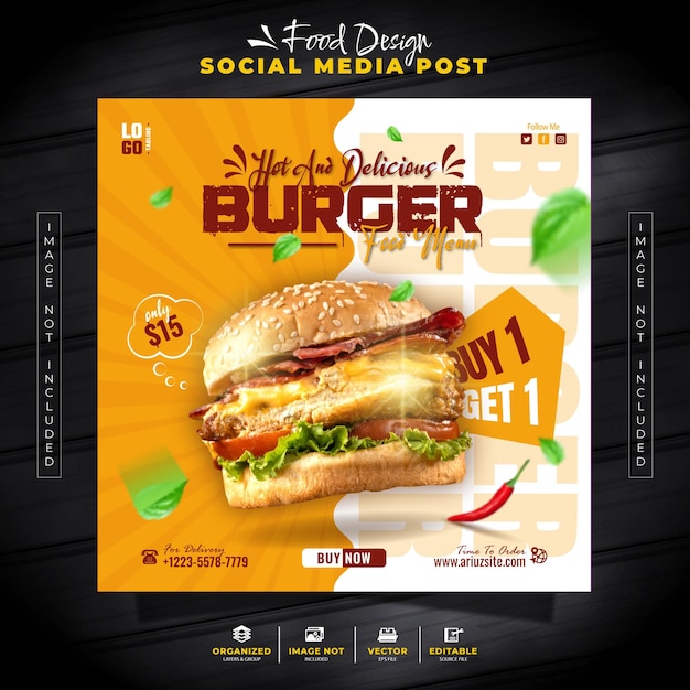 Vettore hot burger social media post instagram feed per la promozione