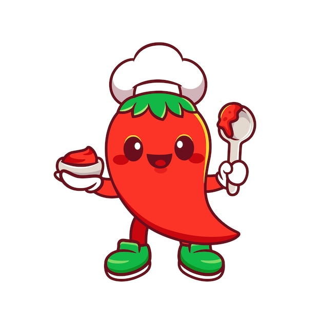Vettore hot chili chef hold spicy sauce mascotte logo personaggio dei cartoni animati