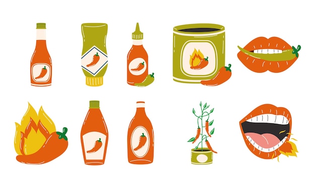 Hot chili peper sauzen symbool collectie ontwerp van pittige groente en voedsel thema vectorillustratie