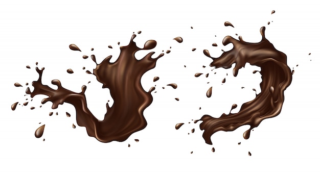 Spruzzi di cioccolata calda, cacao o caffè con gocce, gocce, macchie