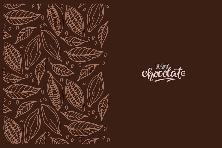 Vector hot chocolate calligraphy lettering on dark brown background and cocoa beans sketch border