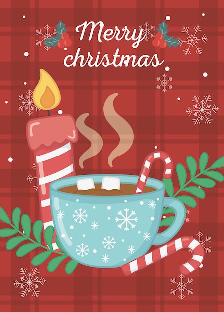 Горячая шоколадная чашка, зефирная свеча, веселая рождественская открытка