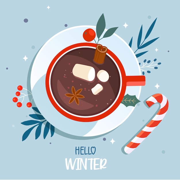 마시멜로가 있는 핫 초콜릿 컵 겨울 온난화 음료 사탕수수와 잎사귀가 있는 베리