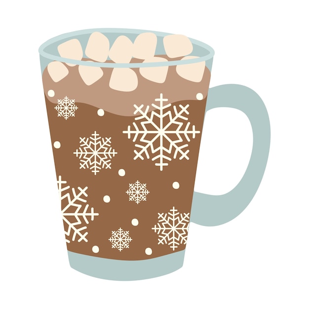 Hot chocolate Decorative Vector Flat illustration glass matte cup with Cocoa and marshmallows Christmas greeting card design element Isolated on white background