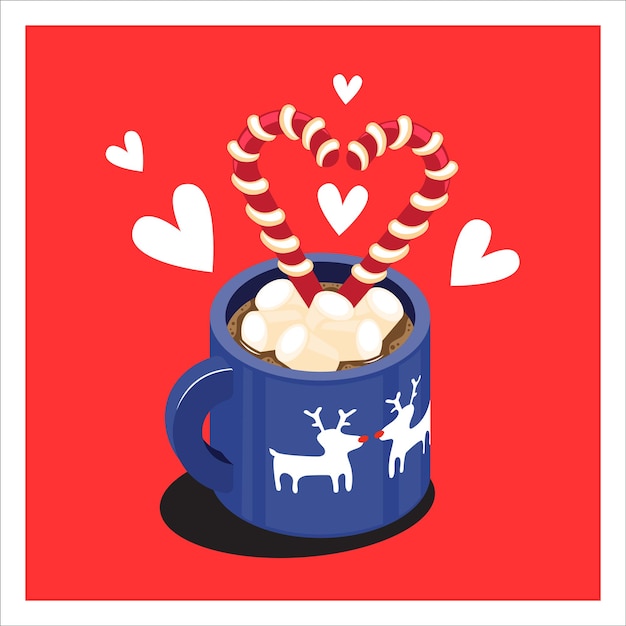 Bevanda al cioccolato caldo in tazza blu con motivo festivo carino.