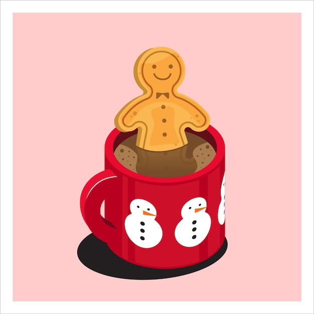 귀여운 축제 패턴으로 빨간 머그에 핫 초콜릿 음료