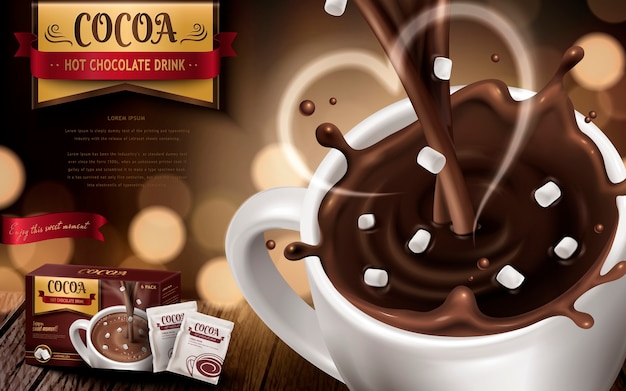 Vector hot chocolate drk ad, with small marshmallows, heart shaped smoke and blurred background