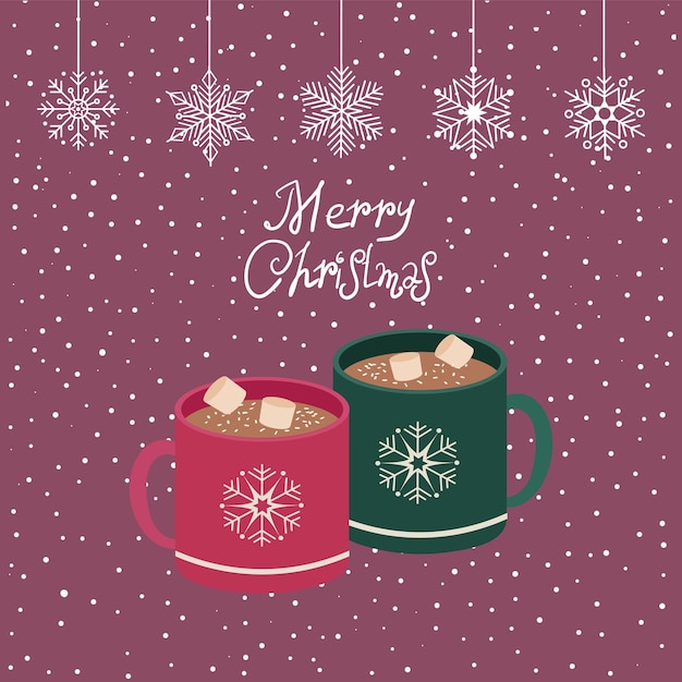 마시멜로가 포함된 핫초코 눈송이 모양의 장식이 있는 컵과 메리 크리스마스 벡터 일러스트레이션