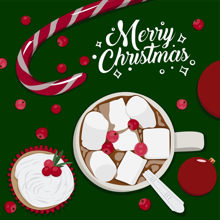 Vector hot chocolate with marshmallows and cupcakes for christmas eve christmas vector illustration design
