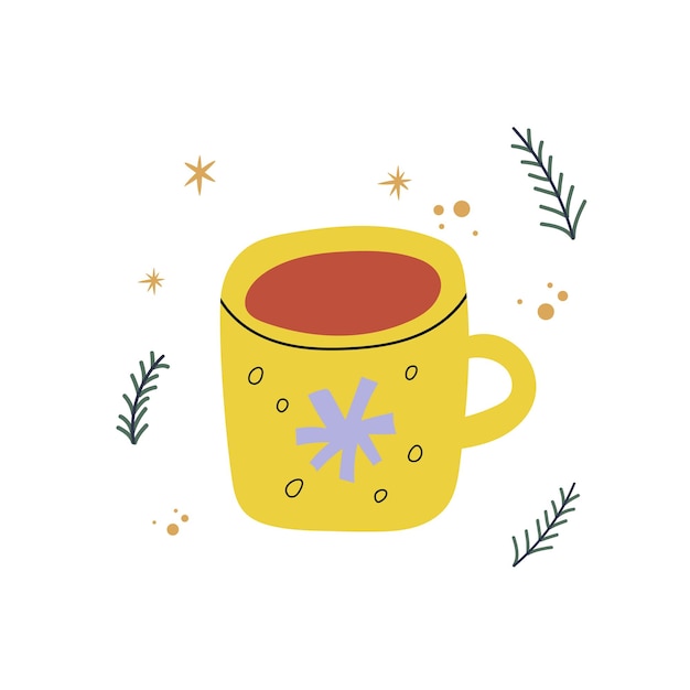Hot christmas tea in yellow cup with snowflake in doodle style