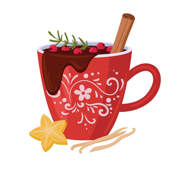 Hot cocoa cup Christmas mug of hot cocoa with cinnamon stick xmas festive hot beverage cup flat vector illustration Cartoon winter holiday drink