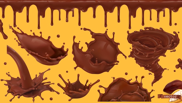 Горячий какао, питьевой шоколад. брызги и бесшовные модели. 3d вектор реалистичный набор