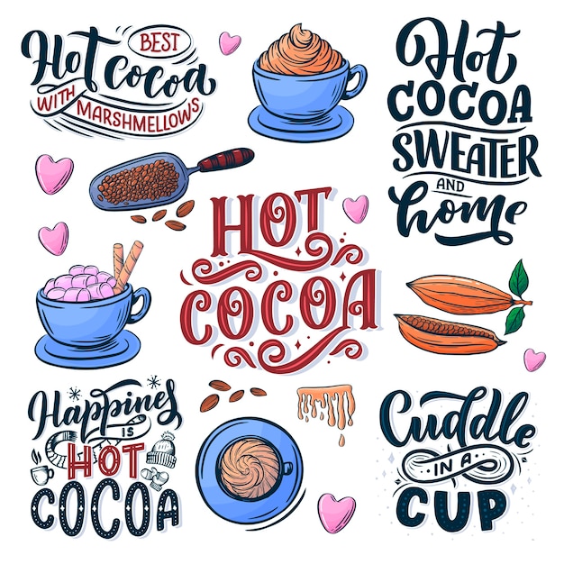 Hot cocoa hand lettering set with cup of cocoa