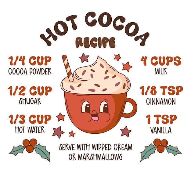 Hot cocoa recipe. Christmas hot chocolate quote vector print