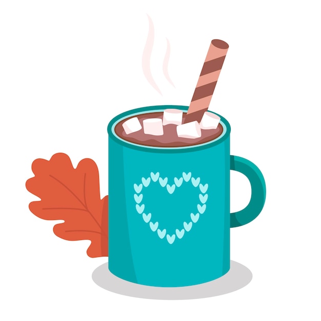 Vector hot cocoa with marshmallow and wafer roll autumn warming drink