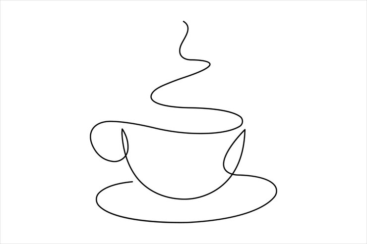 Hot coffee cup continuous one line art drawing of breakfast steam morning coffee design outline vec