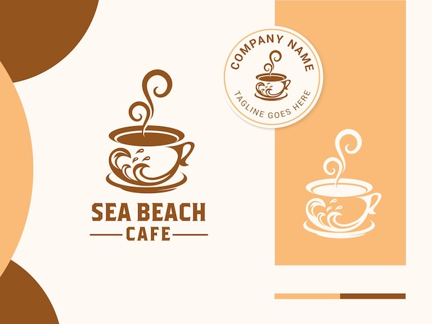 Hot coffee cup logo design with sea waves ans splash