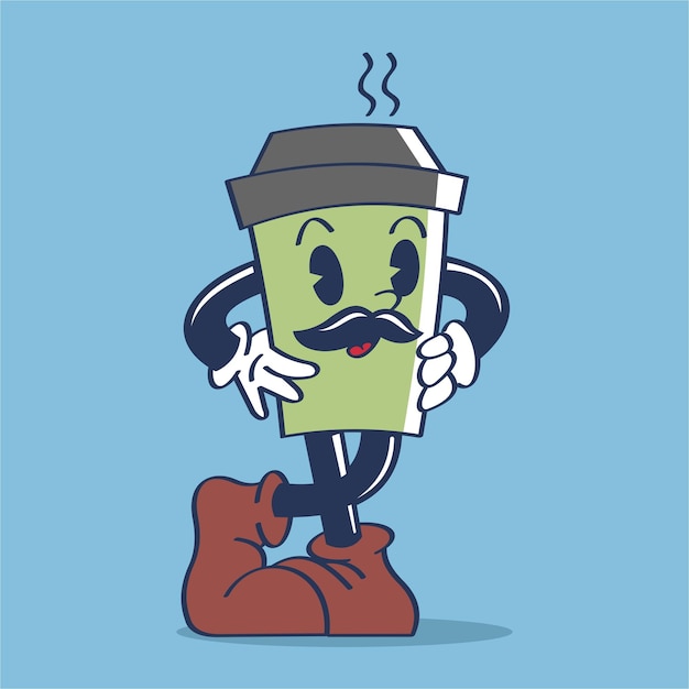 Hot coffee cup standing with mustache on face cartoon style