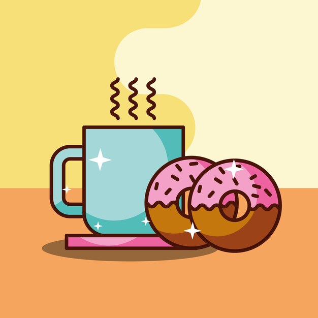 Hot coffee cup and two donuts fresh