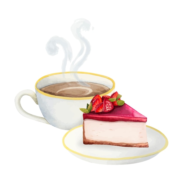 Coppa di caffè caldo con cappuccino e cheesecake alla fragola dessert illustrazione ad acquerello