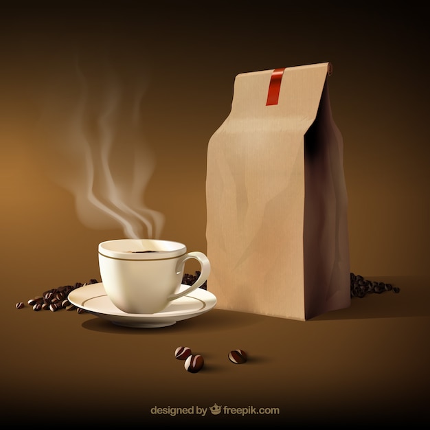 Vector hot coffee cup with coffee beans and paper bag