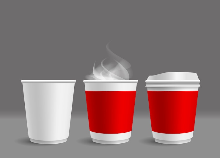 Vector hot coffee cup with smoke on gray background
