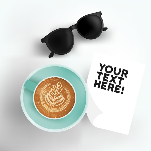 Vector hot coffee latte in a cup with note paper