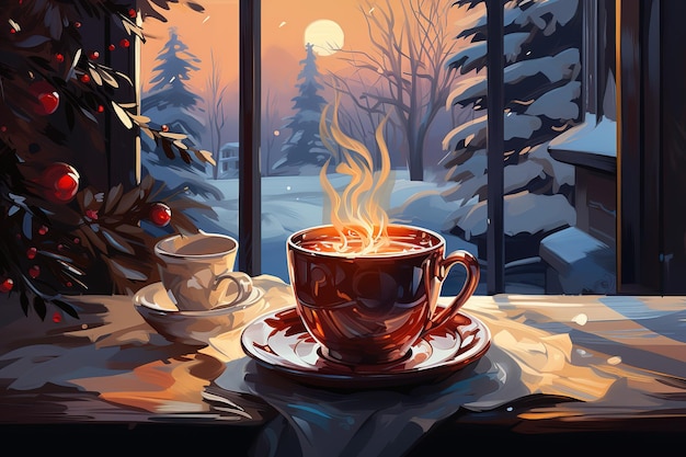 Vector hot coffee in a red cup on a dark background with christmas decorations image toned