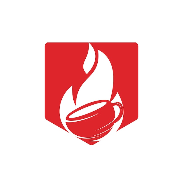 Hot coffee shop logo with mug cup and fire flame icon design