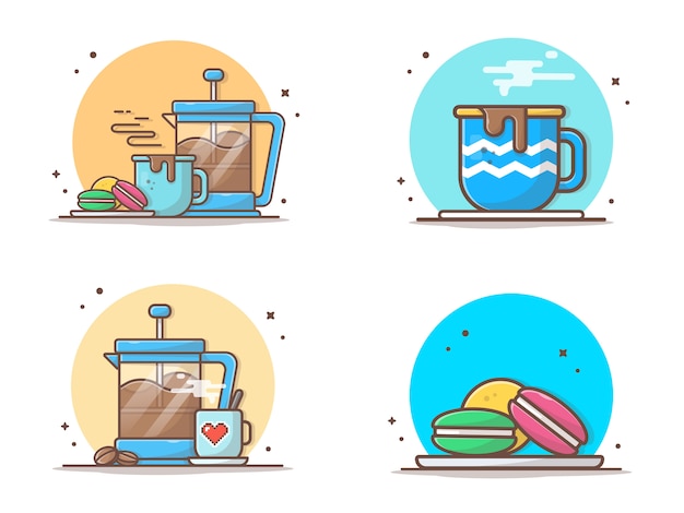 Hot Coffee with Macaroons and Teapot  Icon Illustration